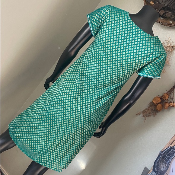 ESIKA Green and Gold Embroidered Midi Indian Shimmery Silk Punjabi Tunic Dress - Picture 8 of 14